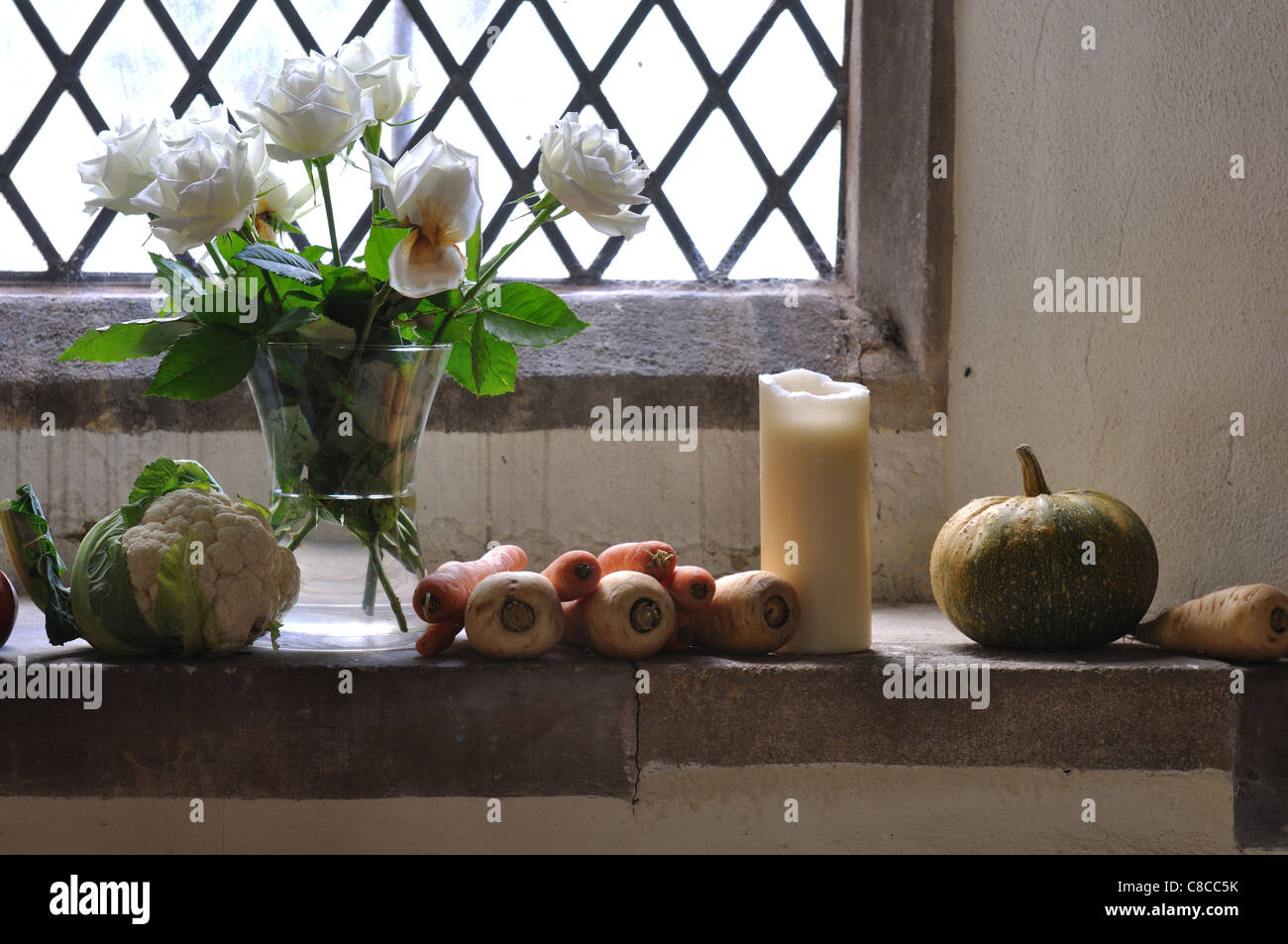 Harvest festival display, St. Andrew`s Church, North Kilworth, Leicestershire, England, UK Stock Photo